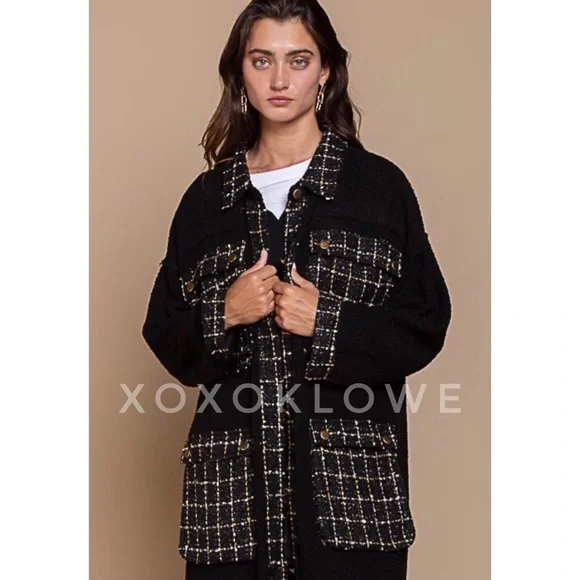 POL Black Sherpa Tweed Long Jacket | Relaxed Fit Faux Fur Sparkly Maxi Coat - Picture 3 of 11